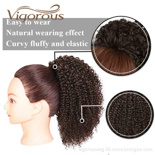 Vigorous High Quality Middle Long Kinky Curly Dark Brown High Temperature Fiber Drawstring Synthetic Ponytail Hair Extension